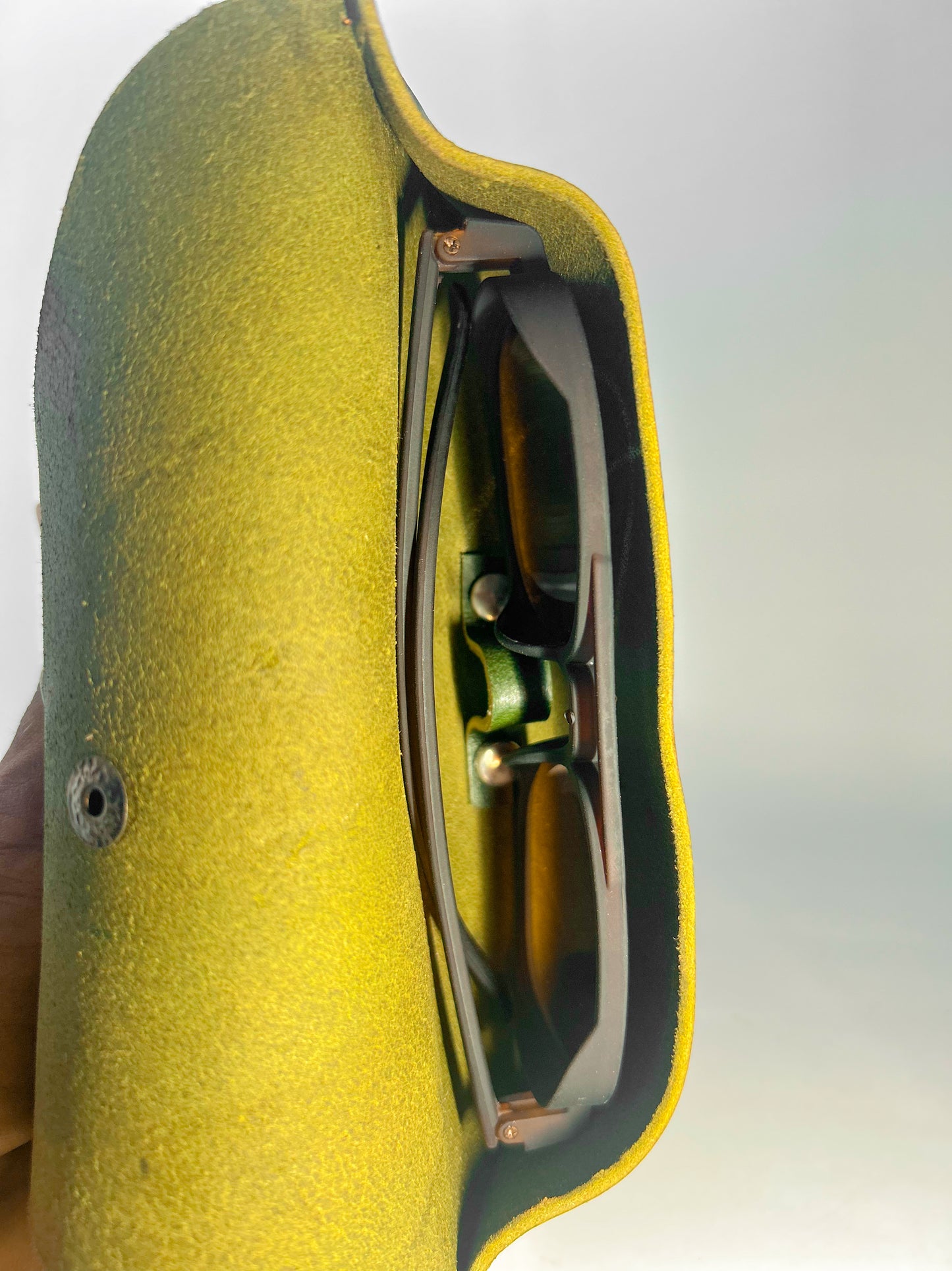 Handmade Leather Sunglass Case 2.0 – Green with Tan Strap