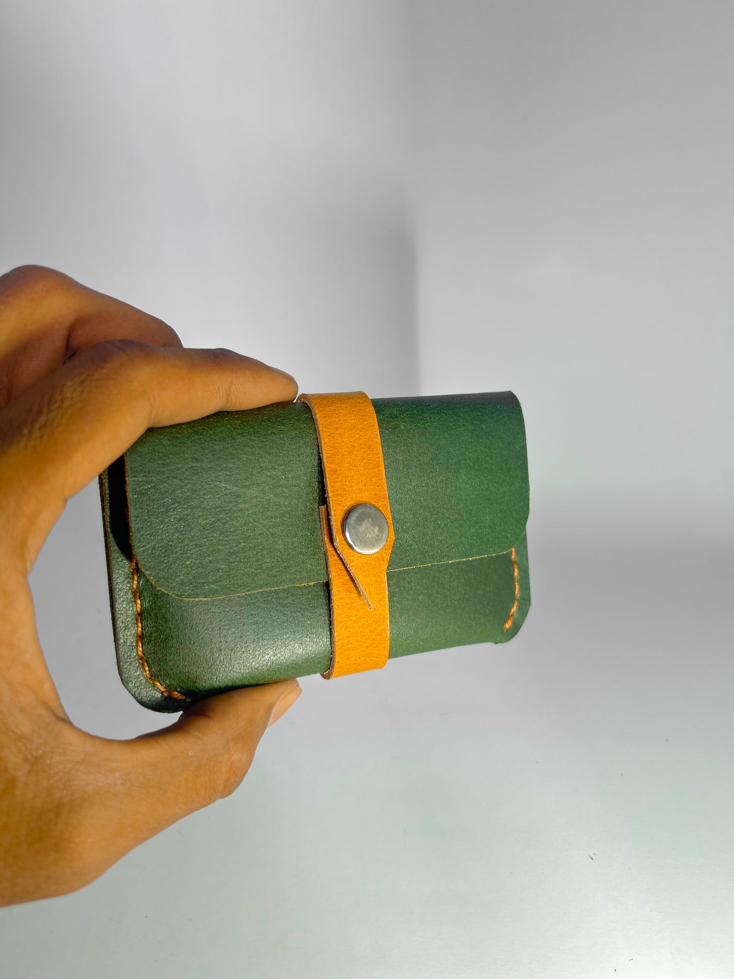Handmade Leather Card Holder – Compact & Stylish (Green with Tan Strap)