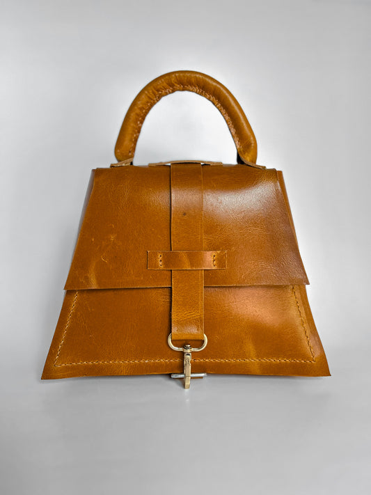 Anvaya Muse Tan Leather Handbag – Elegant Top Handle Bag with Snap Hook Closure