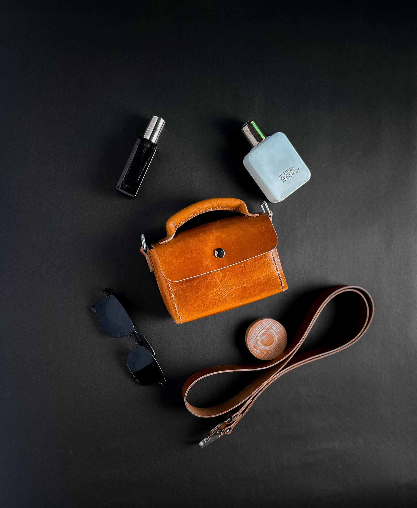 Urban Tan Mini Leather Handbag – Compact Top Handle Bag with Removable Strap & Button Closure