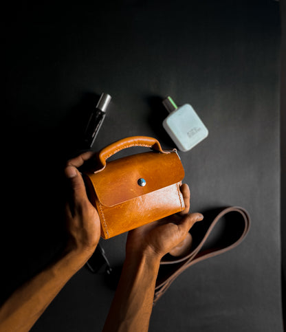 Urban Tan Mini Leather Handbag – Compact Top Handle Bag with Removable Strap & Button Closure