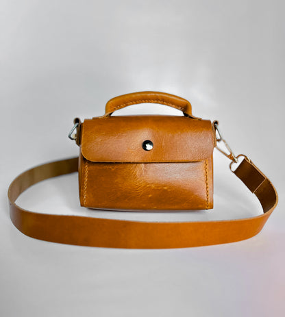 Urban Tan Mini Leather Handbag – Compact Top Handle Bag with Removable Strap & Button Closure