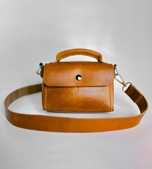 Urban Tan Mini Leather Handbag – Compact Top Handle Bag with Removable Strap & Button Closure