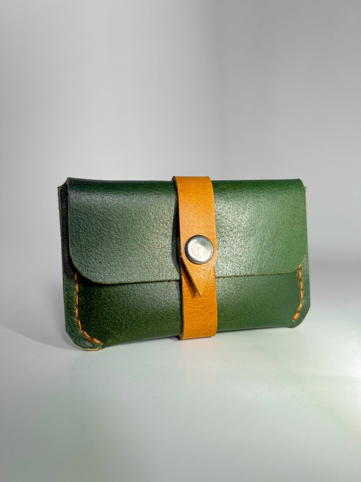 Handmade Leather Card Holder – Compact & Stylish (Green with Tan Strap)
