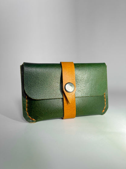 Handmade Leather Card Holder – Compact & Stylish (Green with Tan Strap)