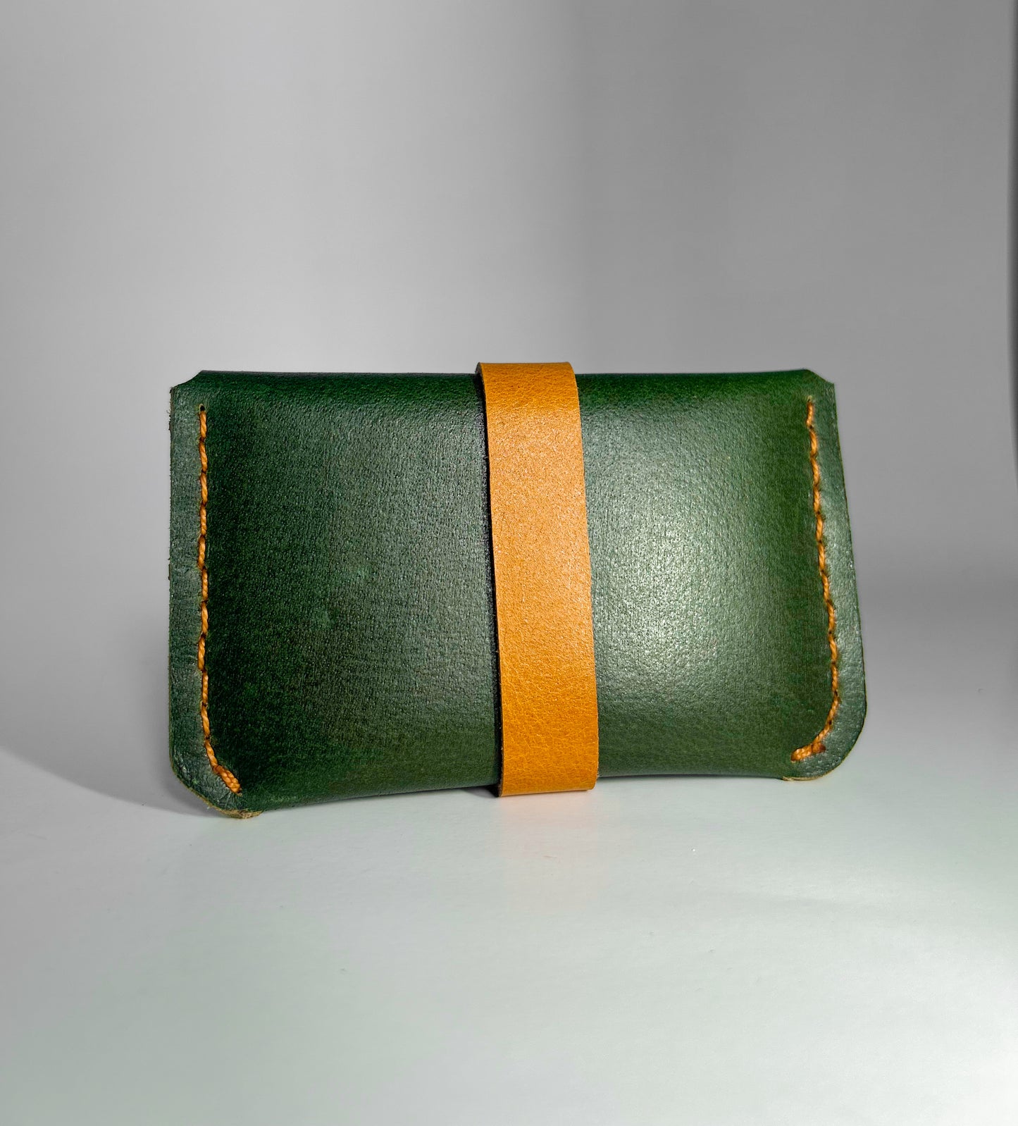 Handmade Leather Card Holder – Compact & Stylish (Green with Tan Strap)