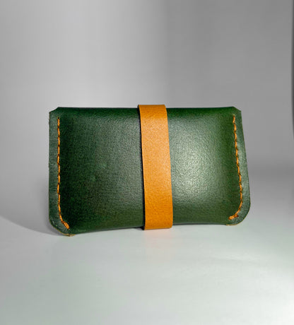 Handmade Leather Card Holder – Compact & Stylish (Green with Tan Strap)