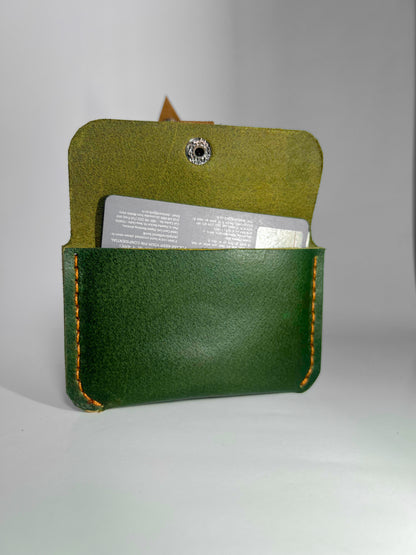 Handmade Leather Card Holder – Compact & Stylish (Green with Tan Strap)