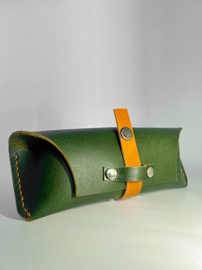 Handmade Leather Sunglass Case 2.0 – Green with Tan Strap