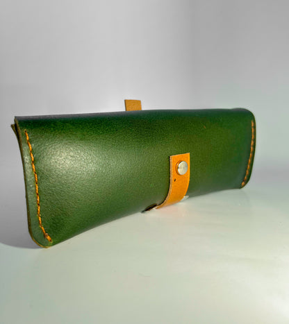 Handmade Leather Sunglass Case 2.0 – Green with Tan Strap