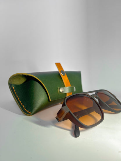Handmade Leather Sunglass Case 2.0 – Green with Tan Strap