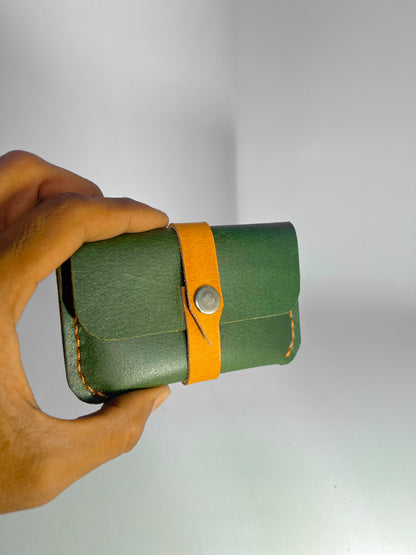 Handmade Leather Card Holder – Compact & Stylish (Green with Tan Strap)