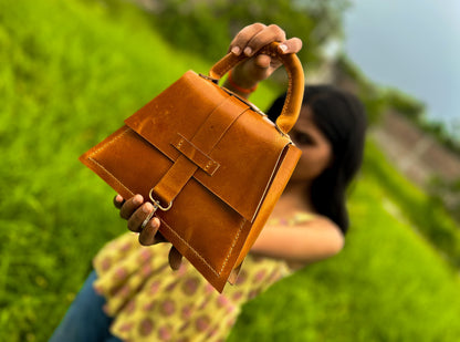 Anvaya Muse Tan Leather Handbag – Elegant Top Handle Bag with Snap Hook Closure