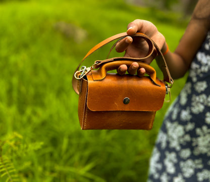 Urban Tan Mini Leather Handbag – Compact Top Handle Bag with Removable Strap & Button Closure